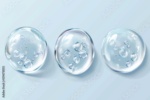 Molecules inside bubbles on blue background. Collagen serum bubble. Cosmetic essence. Concept skin care cosmetics solution. Vector 3d illustration