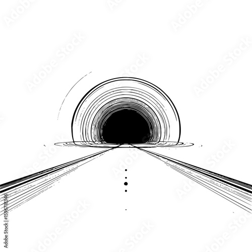 Abstract tunnel illustration with converging lines leading to a dark opening in black and white style