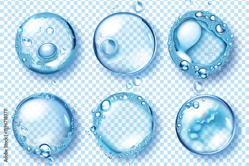 Molecules inside bubbles on blue background. Collagen serum bubble. Cosmetic essence. Concept skin care cosmetics solution. Vector 3d illustration