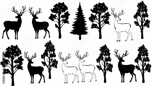Silhouette image showing deer and trees including a fir tree in a forest scene illustration art