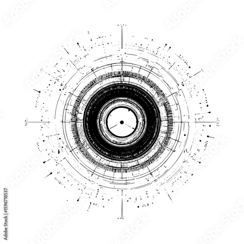 Abstract circular design with radiating lines and a central dot in black and white style illustration