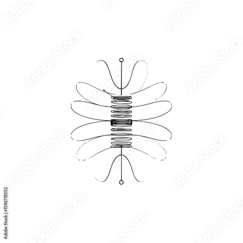 Abstract black and white illustration of a central structure with curved lines and circular elements