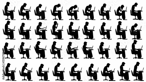 Silhouetted figures working on laptops in various postures arranged in a grid pattern illustration