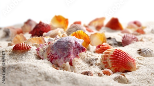 Colorful Seashells on White Sand Beach