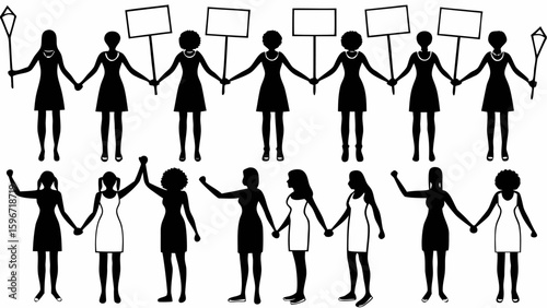 Silhouette of women holding hands and signs in a demonstration or protest for equality and rights