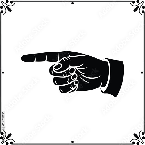 Elegant black and white hand pointing direction inside ornate bordered frame
