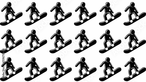 A repeating pattern of black stick figures snowboarding on a white background in a seamless design