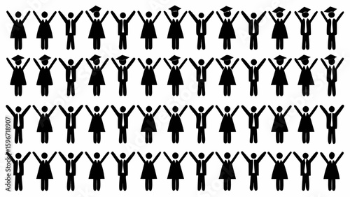 Black stick figures in rows with arms raised some wearing graduation caps celebrating achievement success