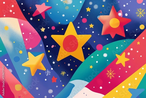 Vibrant christmas background featuring colorful stars, snowflakes, and dots on a dynamic backdrop