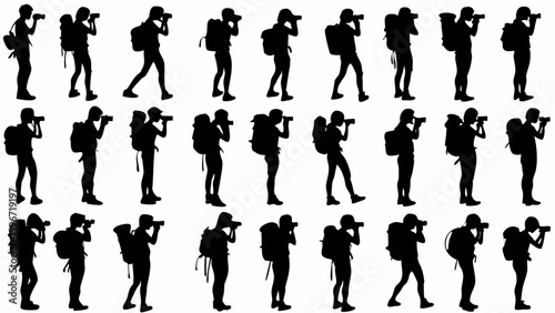 Silhouettes of people with backpacks taking pictures in various stances and positions shown in rows
