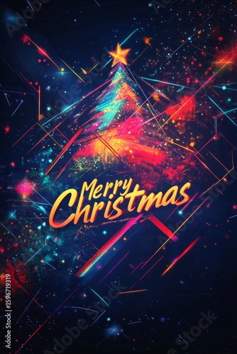 Christmas greeting card with glowing polygonal christmas tree and colorful lights on dark blue background