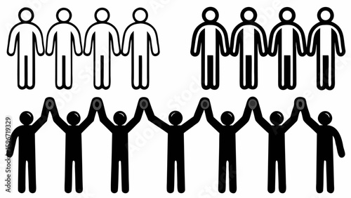 Illustration of stick figures holding hands and raising hands in black and white design concept