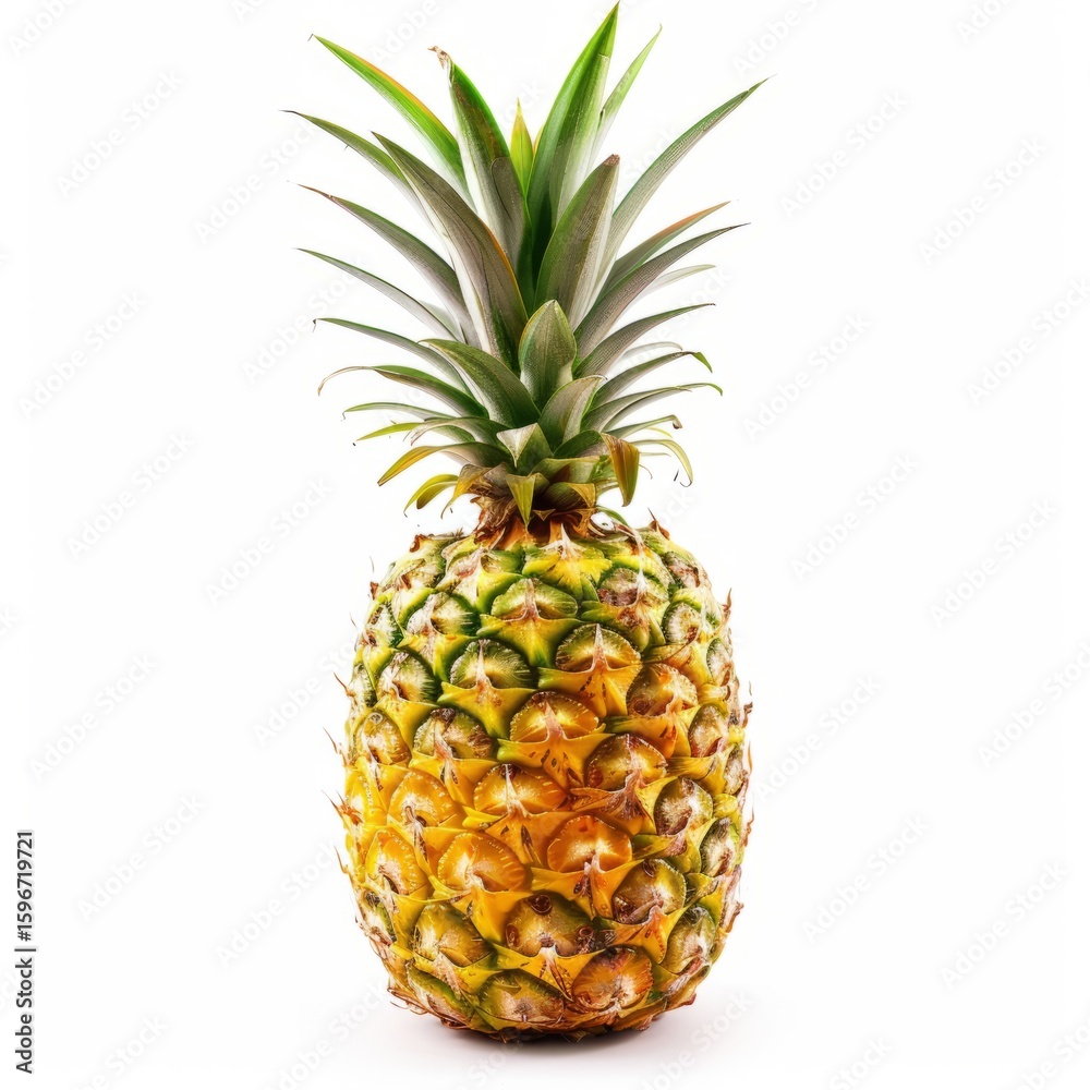 Fototapeta premium A ripe, whole pineapple with vibrant green leaves stands upright against a clean white background, ready for consumption