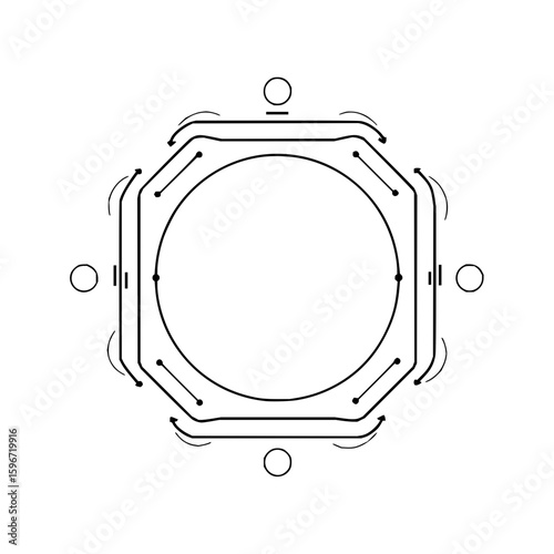 Octagon with a circle inside and small circles around the perimeter in a black and white design