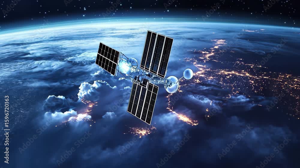 Integration of AI and satellite technology is transforming global communication and data analysis, The integration of AI with satellite technology, illuminating weather prediction at dawn