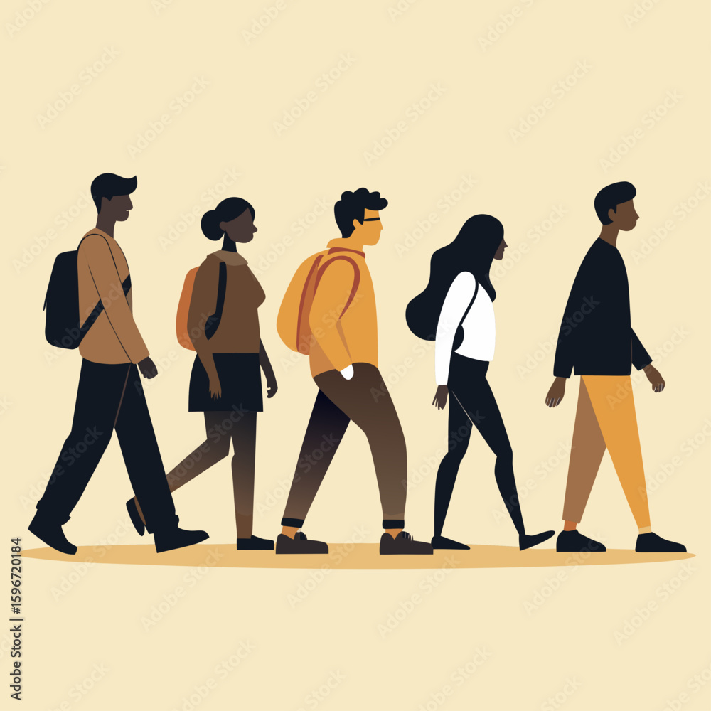 Fototapeta premium Diverse group of young people walking together with backpacks on a plain background