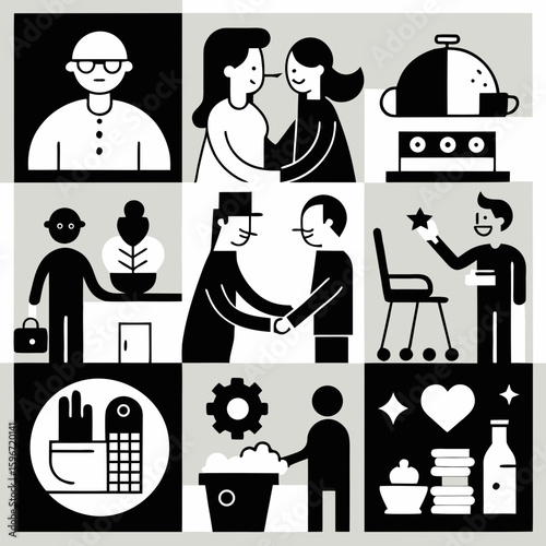 Diverse group of people in various everyday situations and business interactions with a modern flat design style