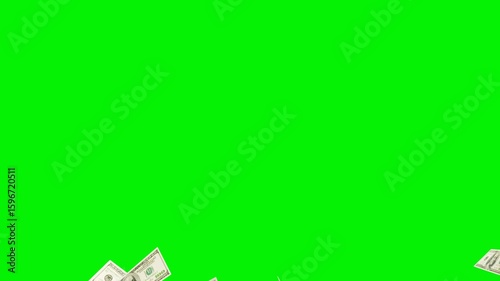 3d dollars bills falling down green screen chroma key, money Rain overlays with alpha matte blending.  Banknotes money are falling and forming rain effect. dollar bills falling down Alpha mate.