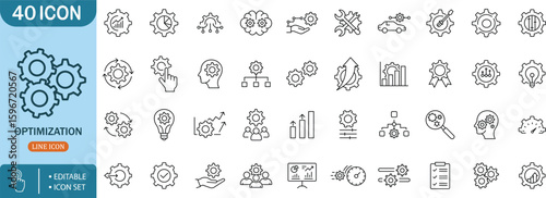 Optimization Icon Set, Strategy, Analytics, Process, Management, Gear, Settings, Businessoptimization,gear,process,settings,analytics,performance,improvement,business,data,solution,management,planning
