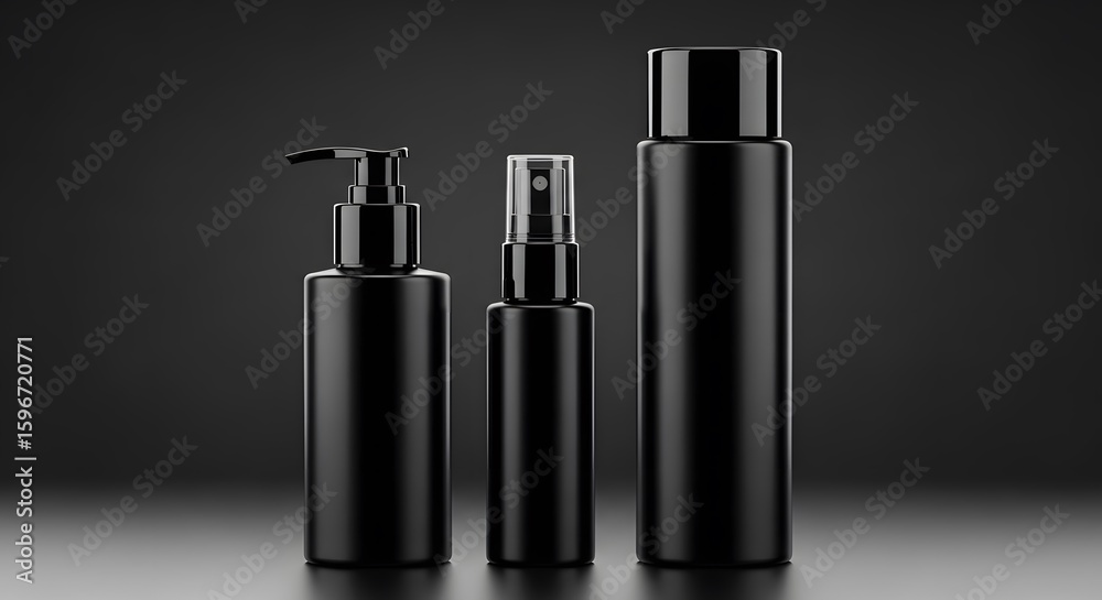 Versatile cosmetic and skincare mockups: a pump bottle, spray bottle, and tall cylindrical container, perfect for diverse product branding on a dark, sleek background Versatile cosmetic and skincare mockups: a pump bottle, spray bottle, and tall cylindrical container, perfect for diverse product branding on a dark, sleek background