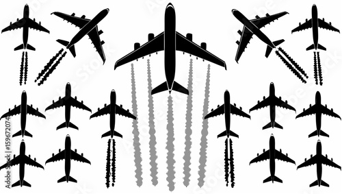 Silhouette illustration of multiple airplanes in flight with contrails on a white background design