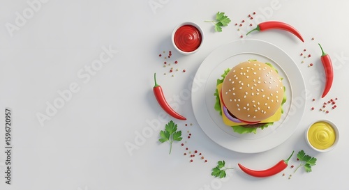 A mouth-watering flat lay of a juicy burger with fresh ingredients, crispy fries, and a refreshing drink, perfect for fast food, casual dining, or delicious meal concepts