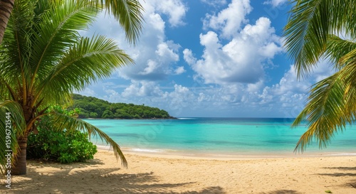 Serene beach scene with turquoise waters and lush palm trees under a bright blue sky