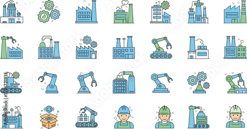 Industry factory automation manufacturing production line vector icon set