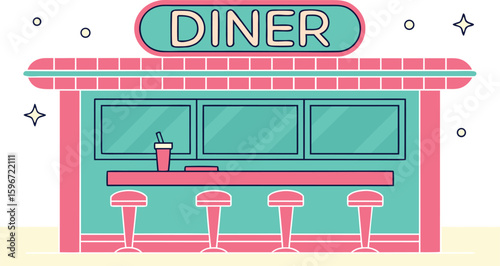 Retro 1950s Diner with milkshakes – Vintage American Restaurant Illustration