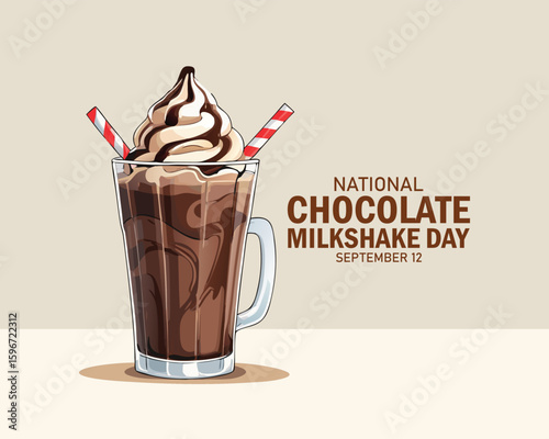 National Chocolate Milkshake Day vector. Chocolate milkshake with whipped cream and chocolate topping icon vector. Glass of cocoa milk drink drawing. September 12.