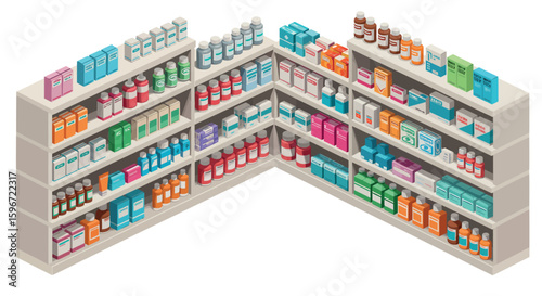 Pharmacy shelves filled with medicine and healthcare products in isometric style