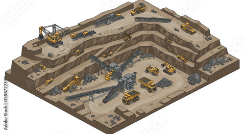 Isometric quarry scene with heavy equipment and rock excavation
