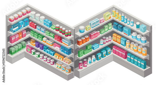 Isometric pharmacy shelves display with various medicine boxes and bottles