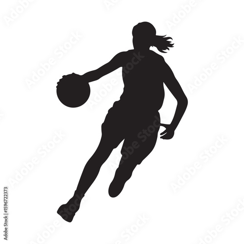 Black silhouette of a female basketball player dribbling