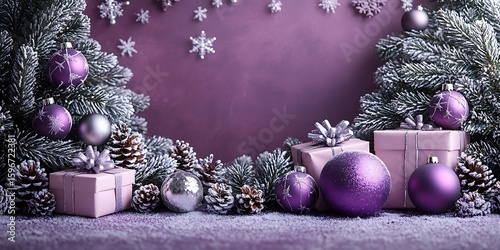Festive christmas composition with ornaments pine cones and snowflakes in purple hue