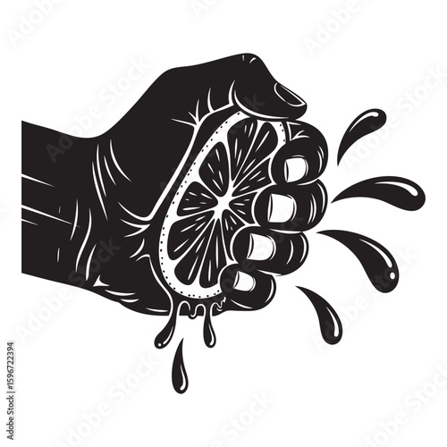 Hand Squeezing Lemon Citrus with Juice Splash Vector Graphic