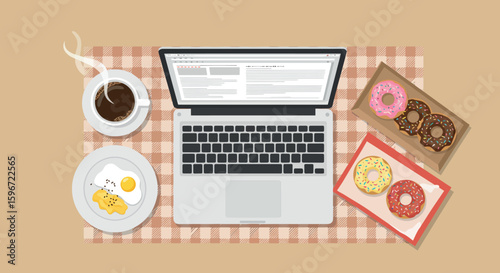 Laptop with breakfast scene: flat design of workspace with coffee, eggs, and donuts