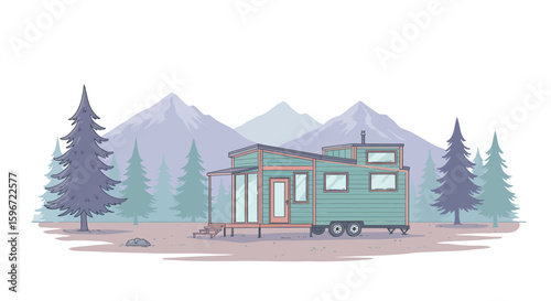 Minimalist tiny house on wheels in scenic mountain landscape with pine trees