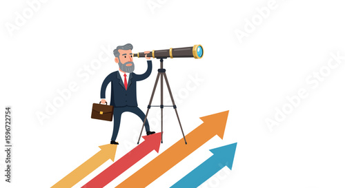 Businessman with telescope on arrows illustrating success vision