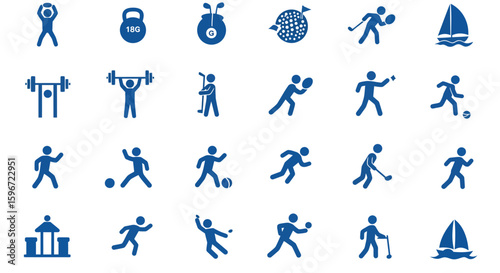 Blue silhouette icons of diverse sports activities and nautical symbols