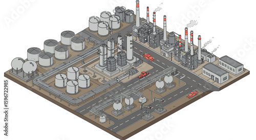 Isometric industrial facility with tanks and chimneys design