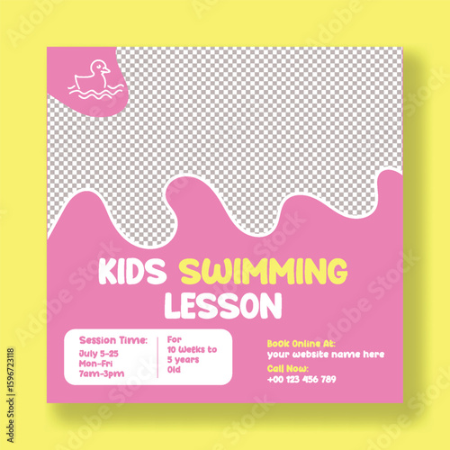 Editable social media post banner for Kids Sports Camp, Kids Activities and Swimming Lesson web banner design, Swimming Lesson Services square flyer or Poster design