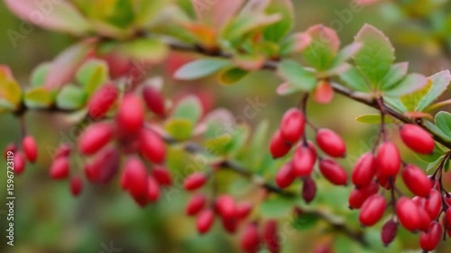 Delicate branches of barberry shrub laden with vibrant red berries in autumn