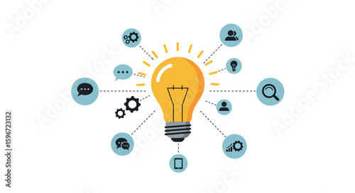 Innovative light bulb concept with connected business and communication icons