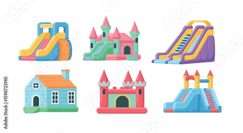Bounce house vector set inflatable castle and slide for kids party fun time