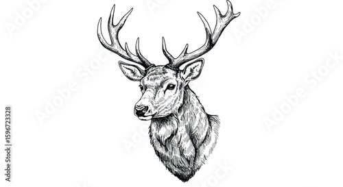 Intricate black and white deer sketch with majestic antlers in detailed style