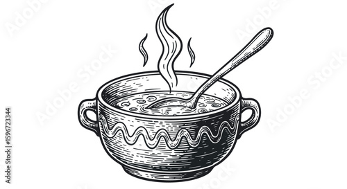 Hand drawn hot soup in rustic bowl with steam and spoon