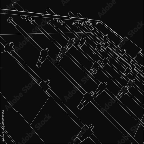 A black and white line drawing of a foosball table with miniature players, featuring clean contour lines and a dark background. The minimalist design highlights the football machine's structure.