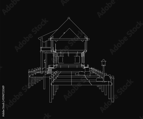 A black and white contour drawing depicts a house on a coastal pier, featuring a prominent light pole in the foreground. The dark background emphasizes the stark silhouette of the structure.