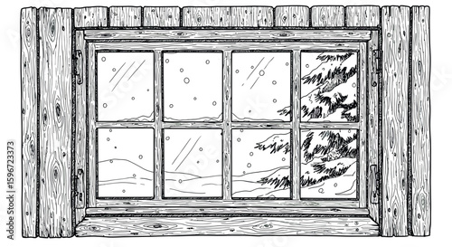 Hand-drawn winter window view with falling snow and snow-covered landscape